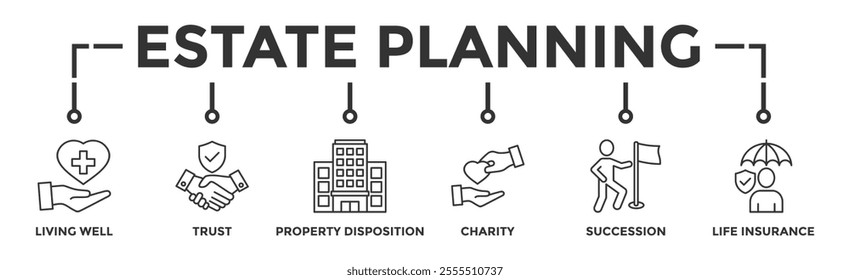 Estate planning banner web icon vector illustration concept with icon of living well, trust, property disposition, charity, succession, life insurance	