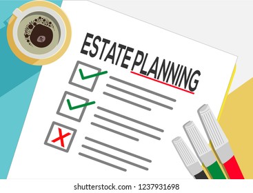 Estate Planning Or Plan Icon Concept. One Task Failed. Paper Sheets With Check Marks, Abstract Text And Marker. Cup Of Coffee Vector Flat Illustration Isolated On Color Background