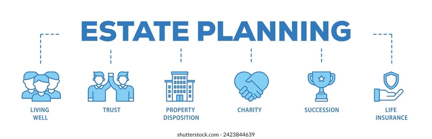 Estate planning web banner icon vector illustration concept consists of living well, trust, property disposition, charity, succession, life insurance icon live stroke and easy to edit