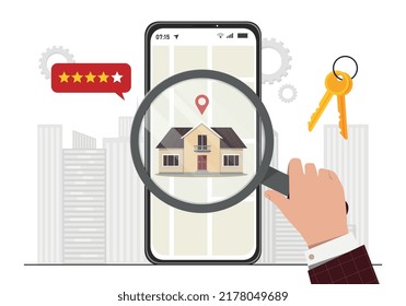 Estate search concept. Character evaluates value and investment attractiveness of house. Real estate deals, app for realtors. Financial literacy and investing. Cartoon flat vector illustration