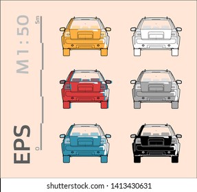 Estate Station Wagon MPV Car Vector Icons Set For Architectural Drawing And Illustration, Back View