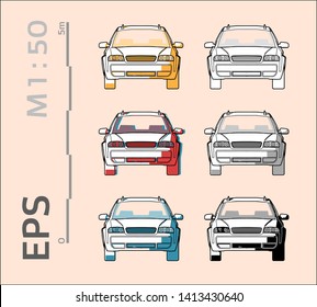 Estate Station Wagon MPV Car Vector Icons Set For Architectural Drawing And Illustration, Fron View