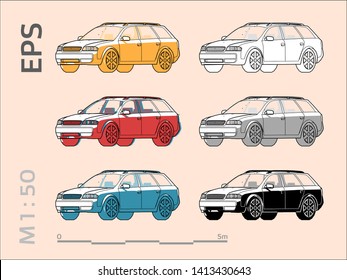 estate station wagon MPV car vector icons set for architectural drawing and illustration