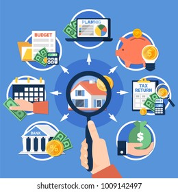 Estate Tax Composition On Blue Background With Magnifier In Hand, House, Savings, Budget Planning, Report Vector Illustration