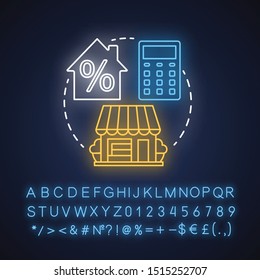Estate taxes neon light concept icon. Financial levy idea. Inheritance tax. Paying percent for inherited property. Glowing sign with alphabet, numbers and symbols. Vector isolated illustration