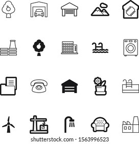 estate vector icon set such as: windmill, set, couch, residential, mountain, outline, domestic, rental, generator, office, decoration, connection, phone, document, comfort, laundry, tower, sofa, old
