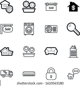 estate vector icon set such as: sofa, unlock, electronic, load, truck, box, ui, trailer, machine, clothes, padlock, laundry, room, structure, comfort, encryption, build, mail, locker, transport