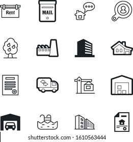 estate vector icon set such as: break, vehicle, courier, post, environment, ui, automobile, chat, focus, letter, mailbox, cartoon, leisure, plant, stamp, engineering, van, quick, auto, grey, postage