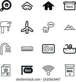 estate vector icon set such as: cartoon, ice, electricity, outdoors, communication, text, correspondence, mountains, bath, propeller, activity, find, open, board, windmill, drink, site, modern