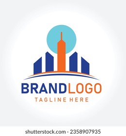 Estate vector logo with city building and sun background icon concept