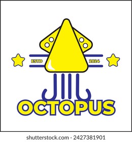 estd 2024 pulpo logo ilustración vectorial diseño en amarillo y azul. adecuado para logotipos, iconos, carteles, anuncios, banners, empresas, diseños de camisetas, pegatinas, sitios web.