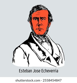 Esteban José Echeverría was an Argentine Unitarian politician, thinker, poet, writer and sociologist. Representative of Romanticism in Latin American literature. Hand-drawn vector illustration