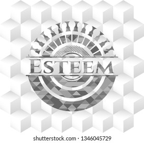Esteem grey badge with geometric cube white background