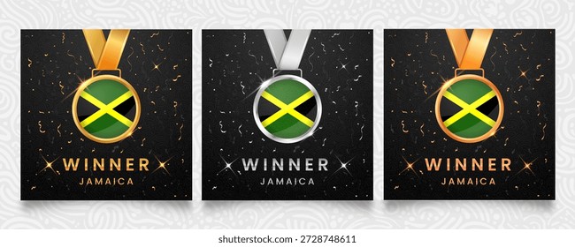 Un apreciado conjunto de medallas de oro, plata y bronce, que exhibe de manera prominente la bandera de Jamaica, presentada sobre un fondo oscuro adornado con confeti festivo y reflejos brillantes, ideal para honrar a los ganadores.