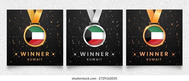 Um conjunto estimado de medalhas de ouro, prata e bronze, exibindo proeminentemente a bandeira do Kuwait, apresentado em um fundo escuro embelezado com confete festivo e destaques cintilantes, ideal para homenagear os vencedores.