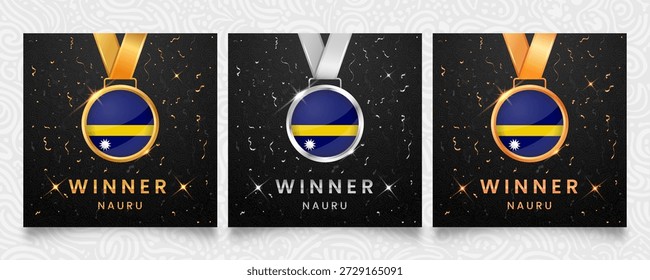 Un apreciado conjunto de medallas de oro, plata y bronce, que exhibe de manera prominente la bandera de Nauru, presentada sobre un fondo oscuro adornado con confeti festivo y reflejos brillantes, ideal para honrar a los ganadores.