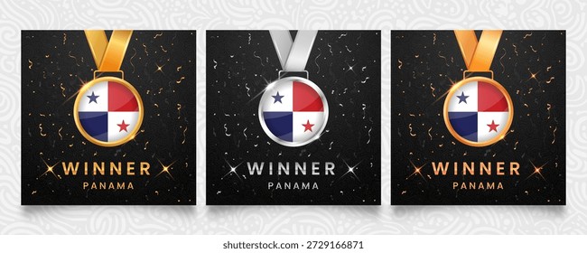 Un apreciado conjunto de medallas de oro, plata y bronce, que exhibe de manera prominente la bandera de Panamá, presentada sobre un fondo oscuro adornado con confeti festivo y reflejos brillantes, ideal para honrar a los ganadores.