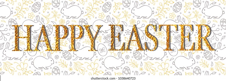 Ester banner with flowers,bunnies, and eggs on white background. Vector illustration.