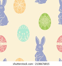 Ester bunny and ester eggs. Seamless vector pattern. 