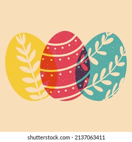 Ester eggs. Colorful cute screen printing effect. Riso print effect. Vector illustration. Graphic element  for fabric, textile, clothing, wrapping paper, wallpaper, poster.