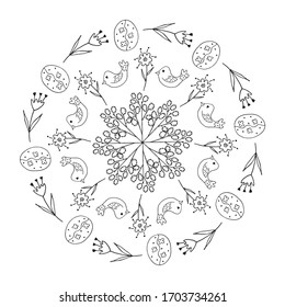 Iluminación vectorial de marco ester.Mandala de primavera. Página de coloreo de Pascua para niños.