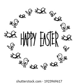 Ester greeting card with hand drawn birds and egg on white background  vector illustration, holiday symbol. Happy Easter