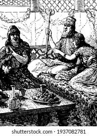 Esther Hosts A Banquet For King Xerxes And Haman, The King And A Girl Sitting On Couch Together And A Seated Man Next To Them For Dinner, Food Kept On Table And The King Holding Royal Scepter, Vintage