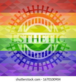 Emblema estético sobre fondo de mosaico con los colores de la bandera LGBT