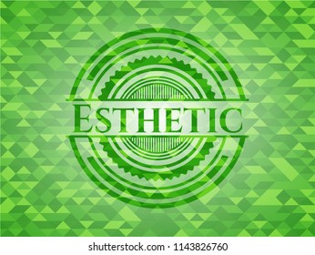 Esthetic green emblem with triangle mosaic background