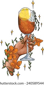 esthetic hand holding a glass of wine with flowers, leaves, and sparkling vector illustration