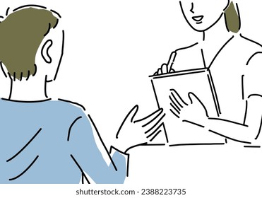 Esthetician interviewing a man hand drawing illustration, vector svg