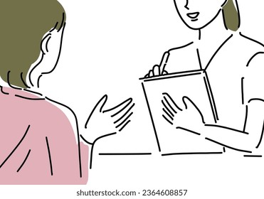 Esthetician interviewing a woman hand drawing illustration, vecotr - Shutterstock ID 2364608857