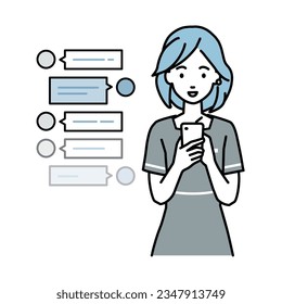 an esthetician, receptionist woman enjoying chat conversation via social network messenger standing and loaoking in smart phone in her hands