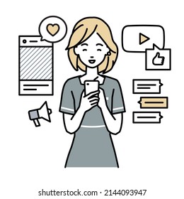 an esthetician, receptionist woman enjoying communication via various social network and messenger standing and looking in smart phone in her hands
