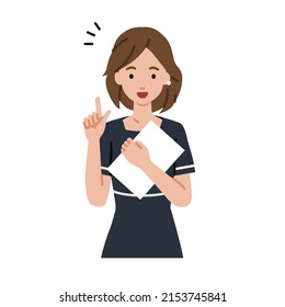 an esthetician, receptionist woman getting ideas standing with document pointing hand gesture svg