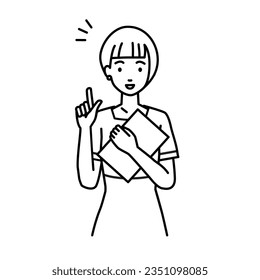 an esthetician, receptionist woman getting ideas standing with document pointing hand gesture