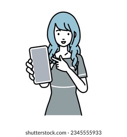 an esthetician, receptionist woman recommending, proposing, showing and pointing smart phone mock-up screen with a smile