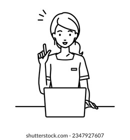 an esthetician, receptionist woman using laptop computer getting ideas with pointing hand gesture at her desk
