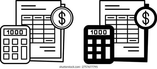 Estimate Icons. Line and Glyph Vector Icons. Documents, Calculator, and Dollar Coin. Determining Product Cost and Quality. Price Concept
