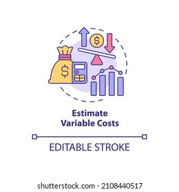 Estimate variable costs concept icon. Proportional growth. Startup budgeting abstract idea thin line illustration. Isolated outline drawing. Editable stroke. Roboto-Medium, Myriad Pro-Bold fonts used
