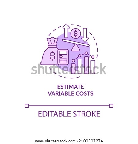 Estimate variable costs purple concept icon. Startup budgeting abstract idea thin line illustration. Isolated outline drawing. Editable stroke. Roboto-Medium, Myriad Pro-Bold fonts used
