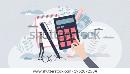 Estimation and financial calculation for budget planning tiny person concept. Accounting and money audit for annual tax percentage reports vector illustration. Expenses and income balance data report.