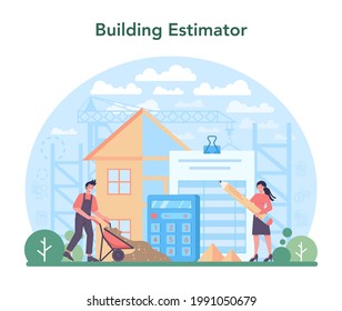 Estimador, consultor financiero. Servicios de evaluación, valoración de propiedades, venta y compra. Agencia inmobiliaria o especialista en negocios. Ilustración vectorial plana aislada