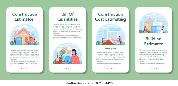 Estimator, financial consultant mobile application banner set. Appraisal services, property valuation, selling and buying. Real estate agency or business specialist. Isolated flat vector illustration