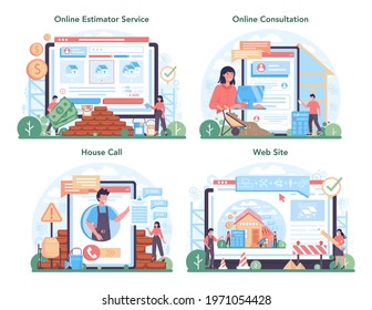 Estimator, financial consultant online service or platform set. Appraisal service, property valuation. Real estate agency specialist. Online consultation, house call, website. Flat vector illustration