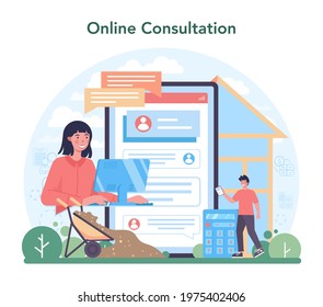 Estimator, financial consultant online service or platform. Appraisal service, property valuation. Real estate agency specialist. Online consultation. Flat vector illustration