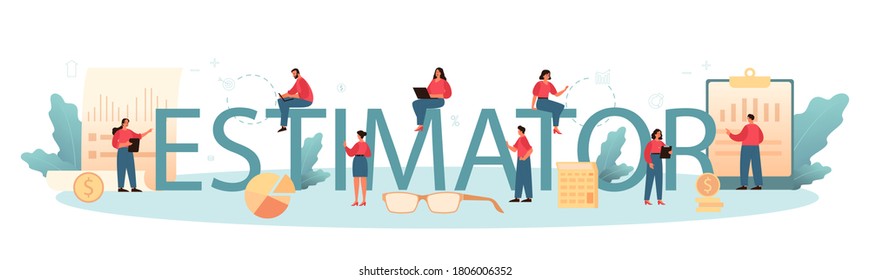 Estimador, cabecera tipográfica de consultor financiero. Servicios de evaluación, valoración de propiedades, venta y compra. Agencia inmobiliaria o especialista en negocios. Ilustración vectorial plana aislada