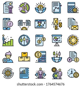 Estimator icons set. Outline set of estimator vector icons thin line color flat isolated on white