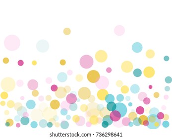 estive round confetti background in cyan blue, pink and yellow on white. Childish pattern vector, children's party birthday celebration background. Holiday confetti circles in memphis style. 