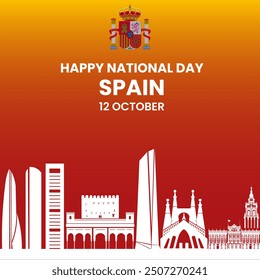 estive Spain National Day Poster with Iconic Spanish Architecture Silhouettes and Gradient Background